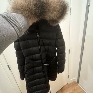 MONCLER women’s down jacket, belt and fur lined hood. Size 3.
